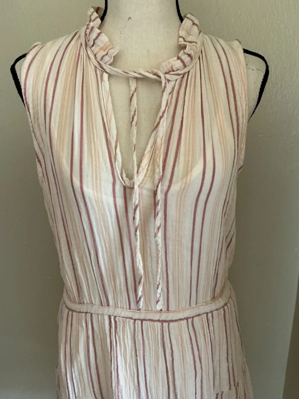 Joie Tiered Stripe Dress in Cream and Dusty Rose M Tie Back - Picture 8 of 11